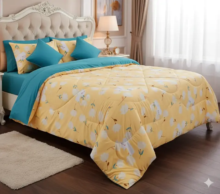 Luxury 4pcs Cotton Microfiber Quilted Duvet Blanket Set with Random Colors – 1 Duvet, 1 Bedsheet & 2 Pillowcases, Soft, Durable, Breathable Bedding for Stylish and Comfortable Sleep