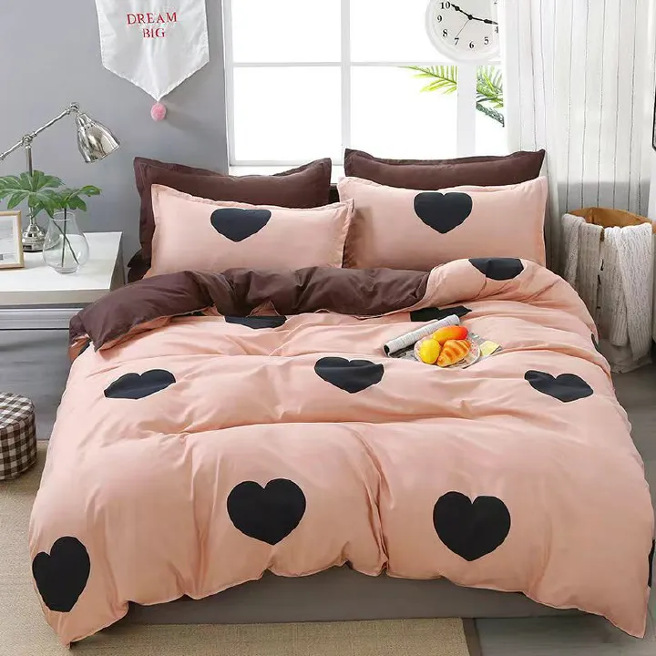 Heart Printing 4-in-1 Bedding Set – 1 Quilt Cover, 1 Bedsheet & 2 Pillowcases, Soft, Durable Cotton Bedding with Heart Pattern Design (Duvet and Pillow Inserts Not Included)