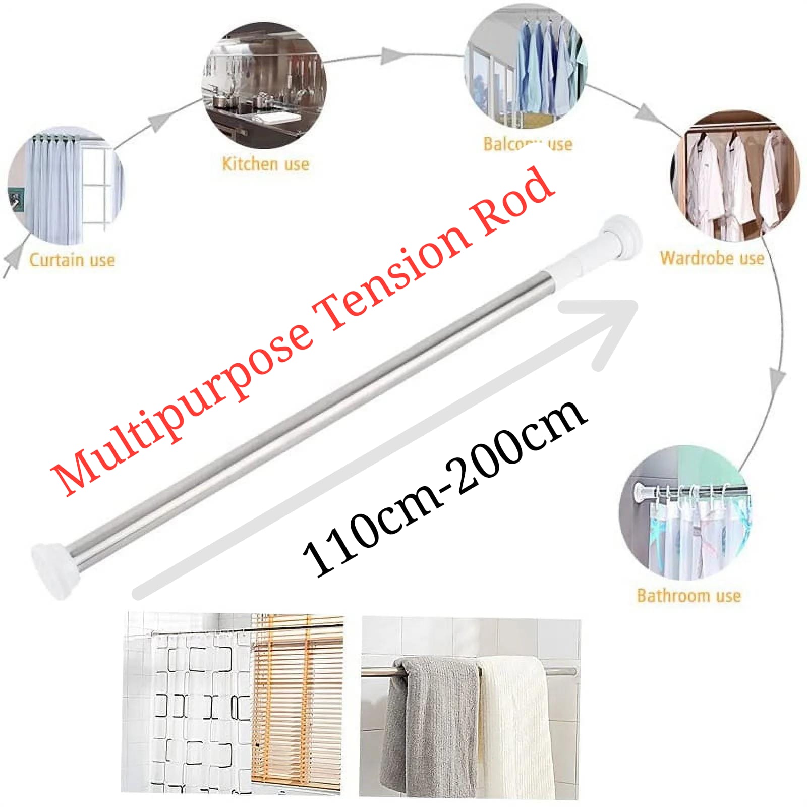 Telescopic Clothing Rod Adjustable Extendable Shower Curtain Tension Rod ( 110cm - 200cm