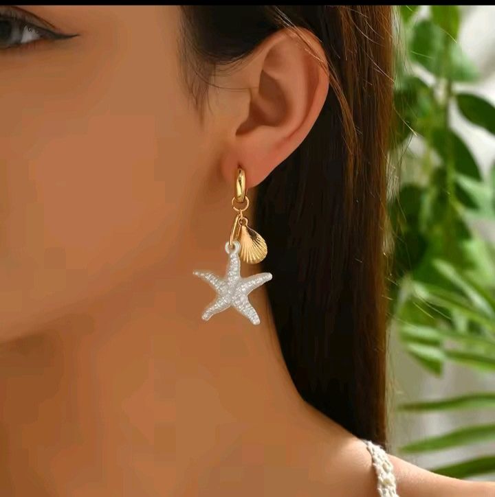 RESIN BOHEMIAN SHELL STAR FISH SHAPED HOOP DANGLE EARRINGS FOR WOMEN GOLDEN COLOUR EAR HOOK EARRING GIFTS