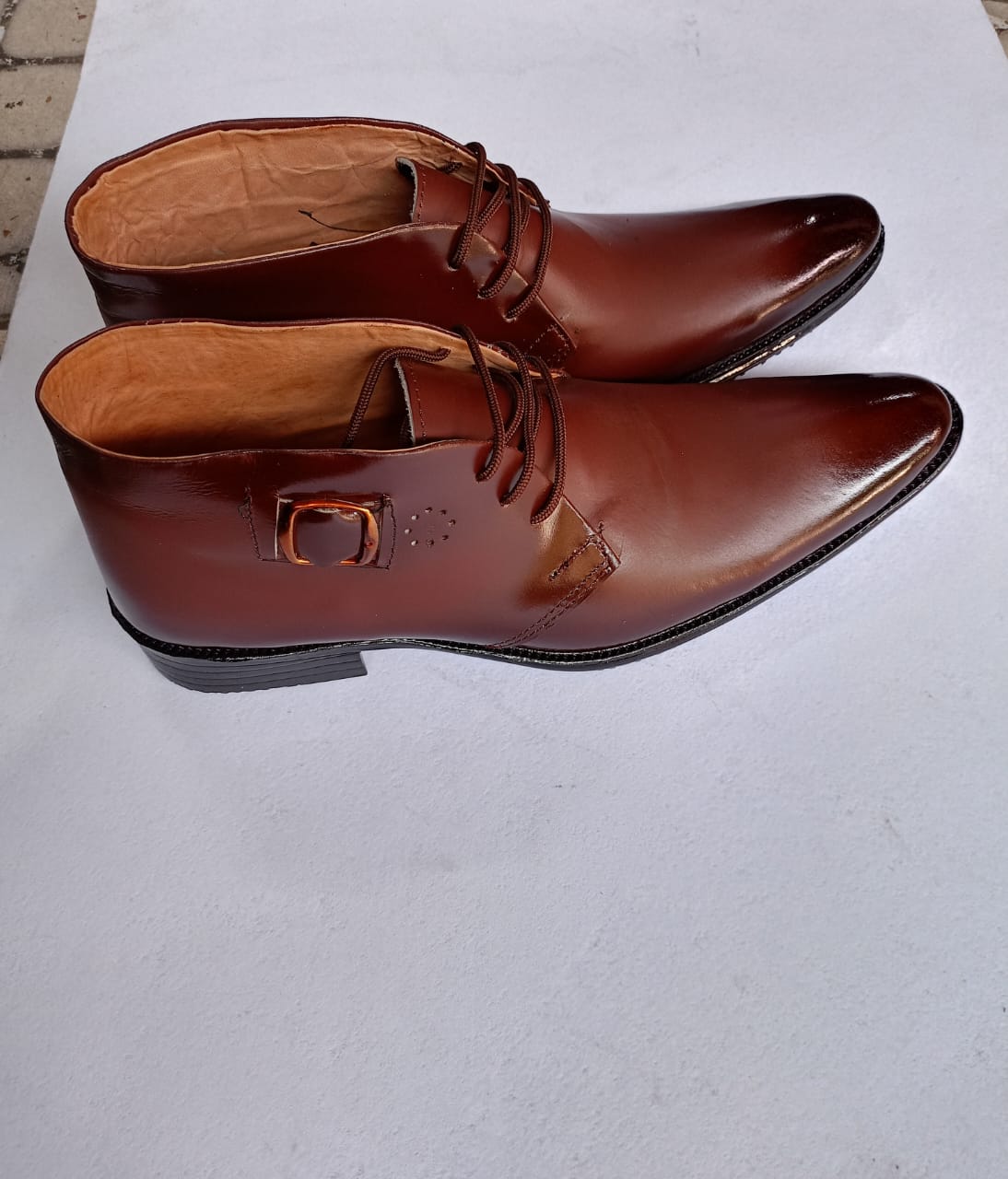 New Arrival Mens Classic Light Brown Pure Leather Ankle Boots Shoes with Laces, Has a Side Buckle Design,Comfortable,Durable and Long Lasting. Good For Rainy and Sunny Weather