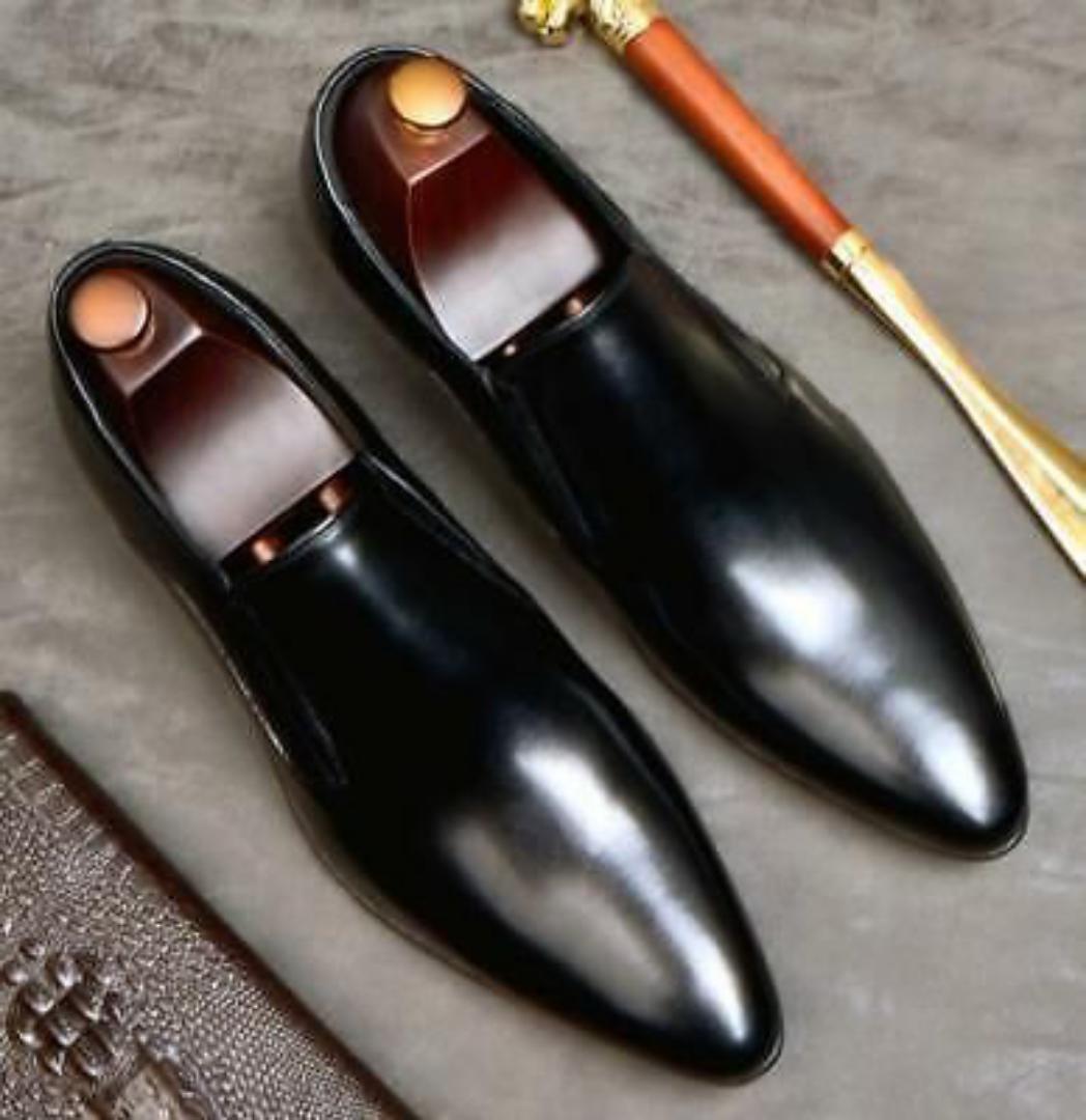 High Quality plain black official genuine leather sharp shooter shoes for men,slip on without Laces, has elastic band for easy fitting