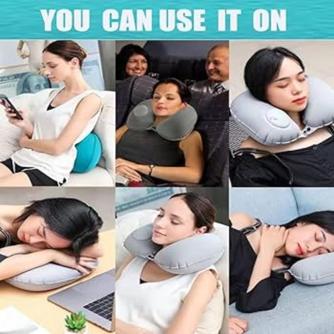 Inflatable travel neck pillow with in built manual press pump