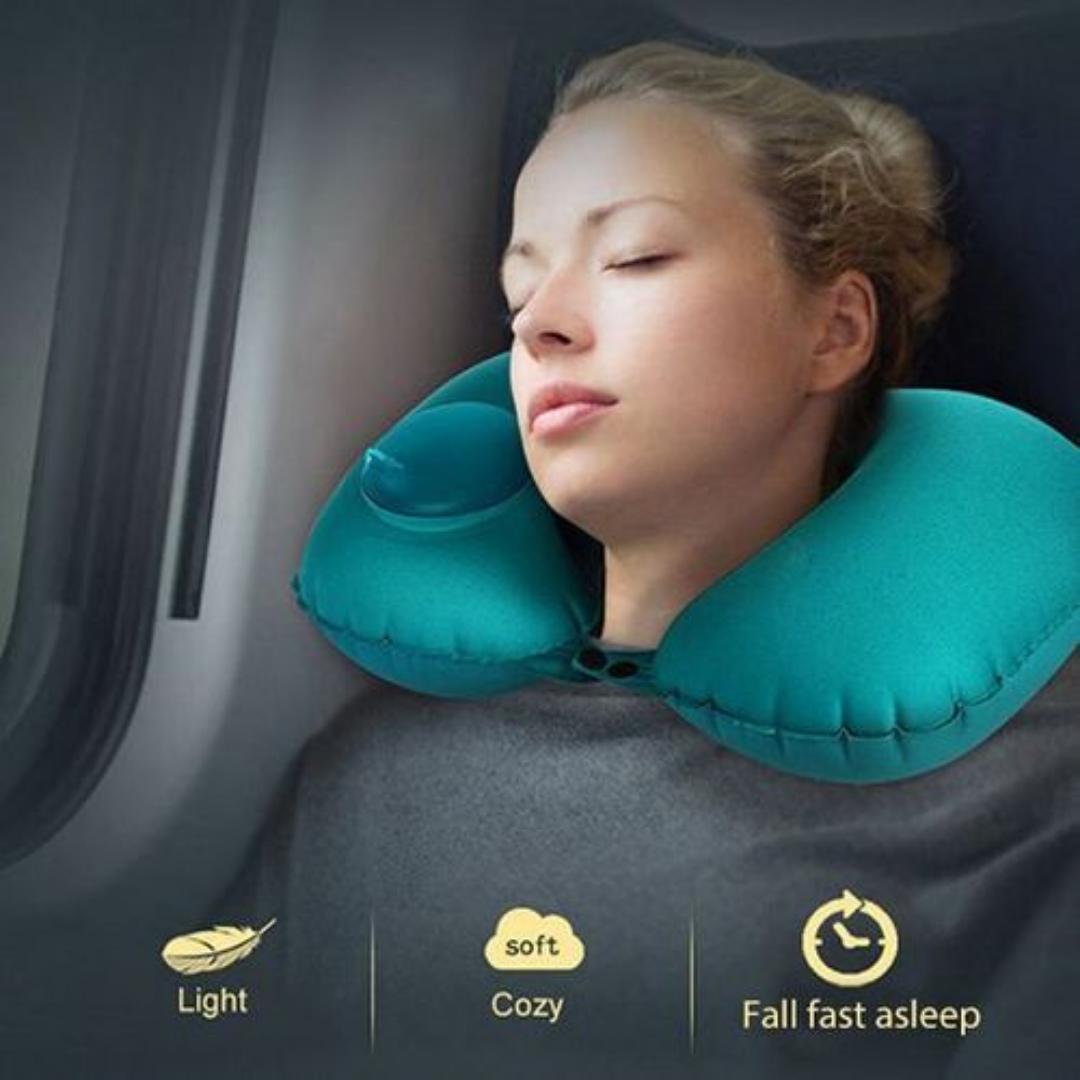 Inflatable travel neck pillow with in built manual press pump