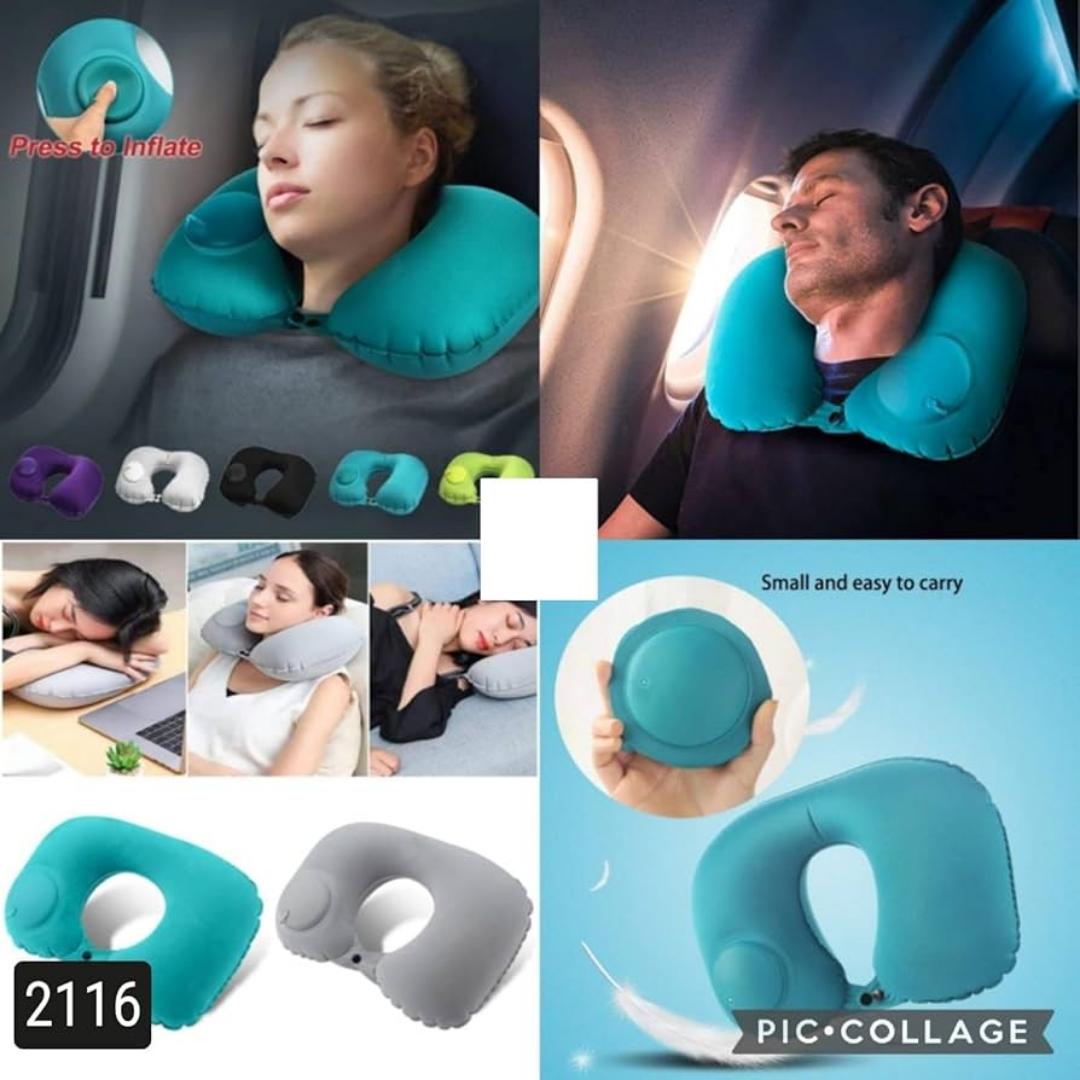 Inflatable travel neck pillow with in built manual press pump