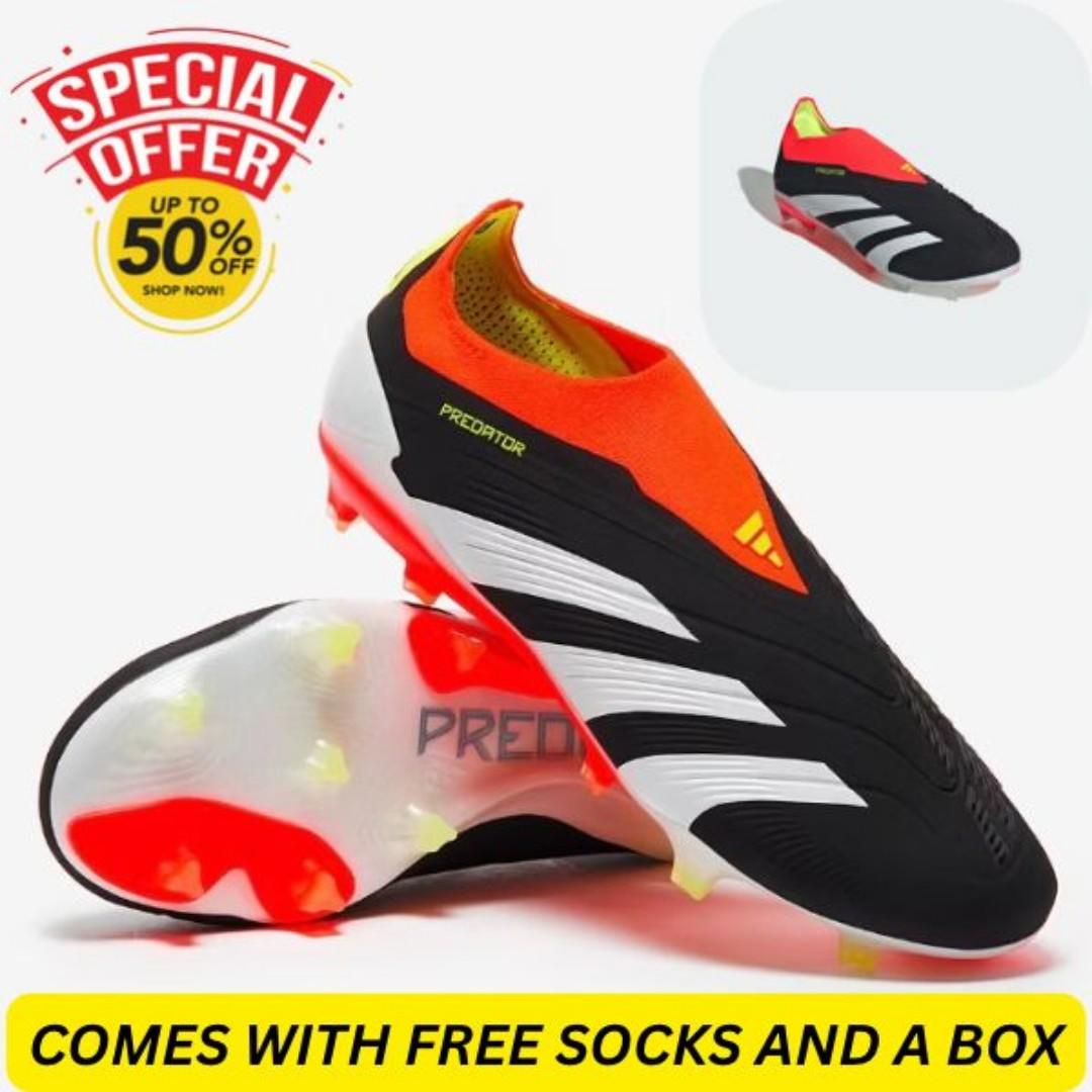 Original Adidas Predator Elite lace lessAccuracy FG Football Boot - Black White and Orange "Solar energy" field boots