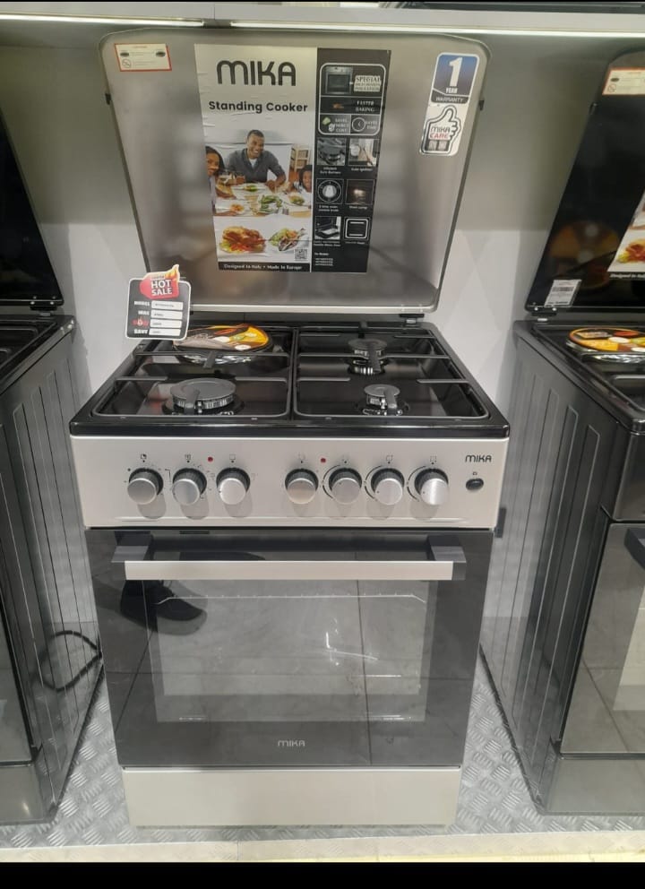 Mika 60×60 3 Gas + 1 Electric Free Standing Cooker – 1 YEAR WARRANTY-Electric Oven & Grill, Auto Ignition, Silver Finish