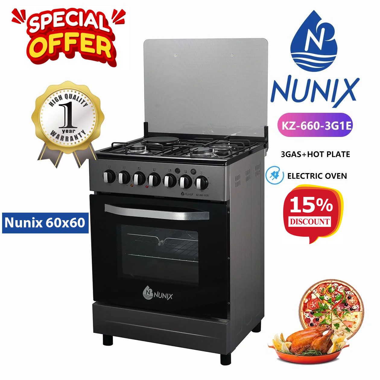 [Special Offer] Nunix 60cm*60cm,3 Gas Burners+1 Rapid Hotplate Free Standing Cooker,Electric Oven+1YR WARRANTY
