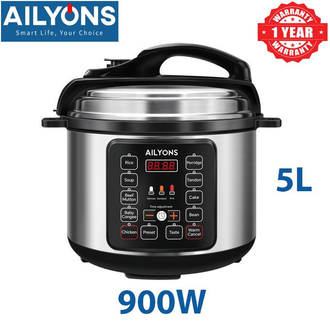 AILYONS LS-A1-5L Deluxe 5L Automatic Electric Pressure Cooker 900W Silver (1YR WRTY)
