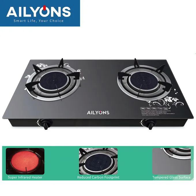 AILYONS Cooker with Auto ignition 2 Burner Infrared Glass Table Top +FREE Gas Pipe + 6KG Regulator+Clips