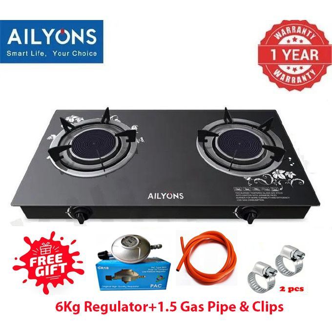 AILYONS Cooker with Auto ignition 2 Burner Infrared Glass Table Top +FREE Gas Pipe + 6KG Regulator+Clips