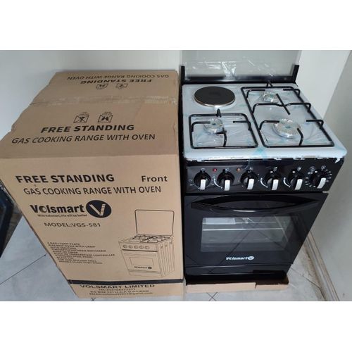 VOLSMART Standing Gas Cooker - 50*55, 3 Gas Jet Burners + 1 Hot Plate, Electric Oven - Black