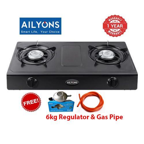 [CLEARANCE SLE!!] AILYONS Table Top Stainless Steel 2 Burner Gas Cooker+FREE  6Kg Regulator +Gas Pipe