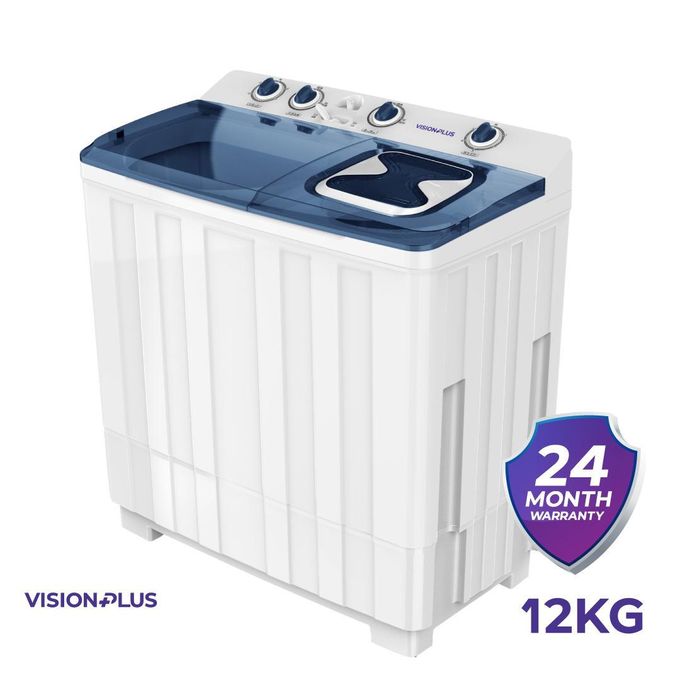 Vision Plus Washing Machine 12KG Twin Tub Top Load Washing Machine Turbo Dry, Rodent Protection, Washes Duvets & Blankets, Low Power, White & Blue (2YRS WRTY)