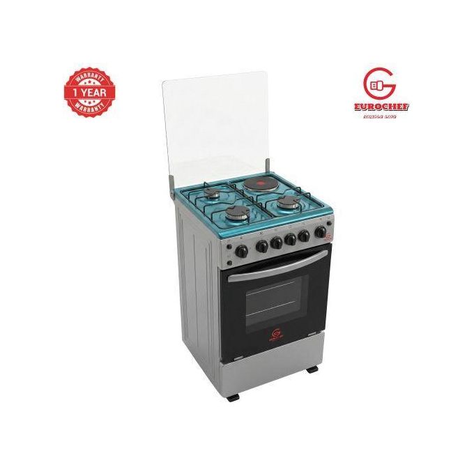 [CLEARANCE SALE!! ] Eurochef Standing Cooker 50x55, 3 Gas Jet Burners + 1 Hot Plate, Electric Oven, Rotisserie, Silver Standing Gas Cooker+Gifts
