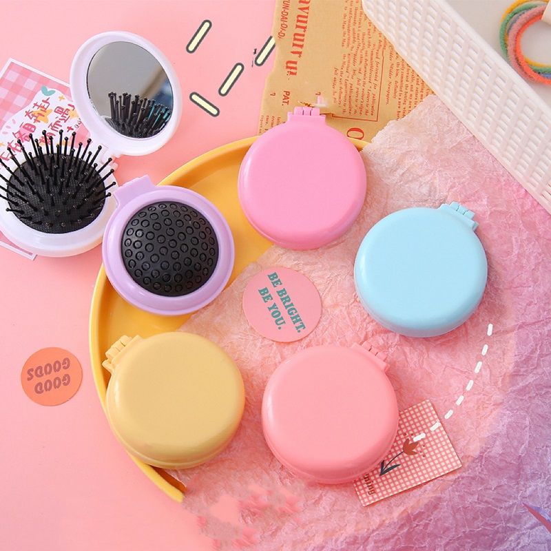 Simple Macaron Airbag Comb Solid Color Will Carry Mirror Massage Comb For Girls Candy Color Hair Folding Comb