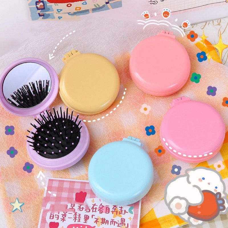 Simple Macaron Airbag Comb Solid Color Will Carry Mirror Massage Comb For Girls Candy Color Hair Folding Comb