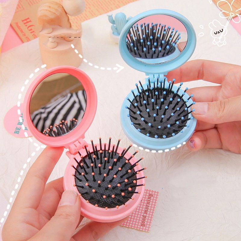 Simple Macaron Airbag Comb Solid Color Will Carry Mirror Massage Comb For Girls Candy Color Hair Folding Comb