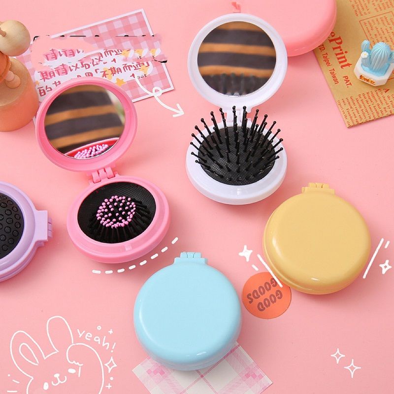 Simple Macaron Airbag Comb Solid Color Will Carry Mirror Massage Comb For Girls Candy Color Hair Folding Comb