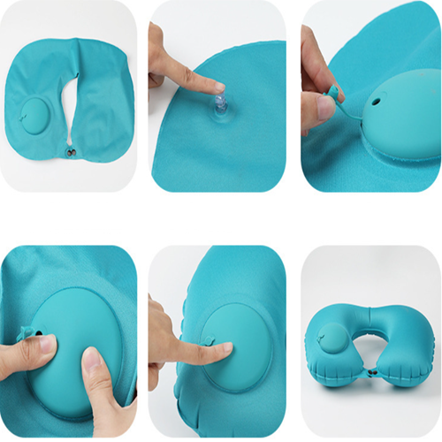Inflatable U-shaped Pillow Press Inflatable Neck Pillow Pillow Travel Pillow TPU Airplane Milk Silk Neck Pillow Portable Set (Neck pillow + Eye mask earplug storage bag)