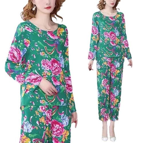 The New Green Trend Northeast Big Flower Suit Thin Fashion Loose Pants Two-piece Home Wear 3XL Size For 75KG-90KG