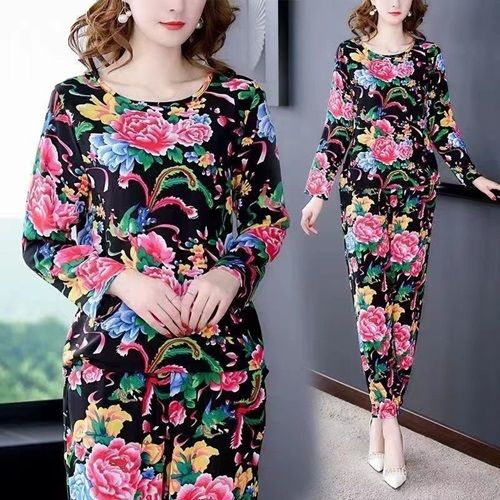 The New Green Trend Northeast Big Flower Suit Thin Fashion Loose Pants Two-piece Home Wear 3XL Size For 75KG-90KG