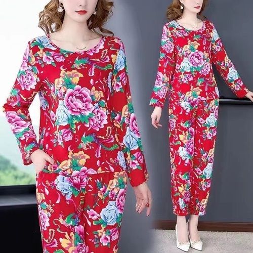 The New Green Trend Northeast Big Flower Suit Thin Fashion Loose Pants Two-piece Home Wear 3XL Size For 75KG-90KG