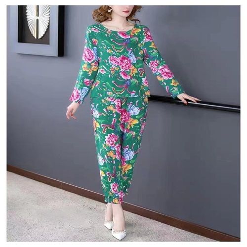 The New Green Trend Northeast Big Flower Suit Thin Fashion Loose Pants Two-piece Home Wear 3XL Size For 75KG-90KG