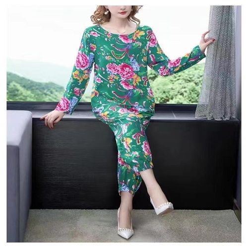 The New Green Trend Northeast Big Flower Suit Thin Fashion Loose Pants Two-piece Home Wear 3XL Size For 75KG-90KG