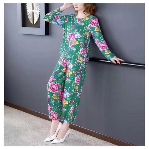 The New Green Trend Northeast Big Flower Suit Thin Fashion Loose Pants Two-piece Home Wear 3XL Size For 75KG-90KG