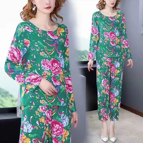 The New Green Trend Northeast Big Flower Suit Thin Fashion Loose Pants Two-piece Home Wear 3XL Size For 75KG-90KG