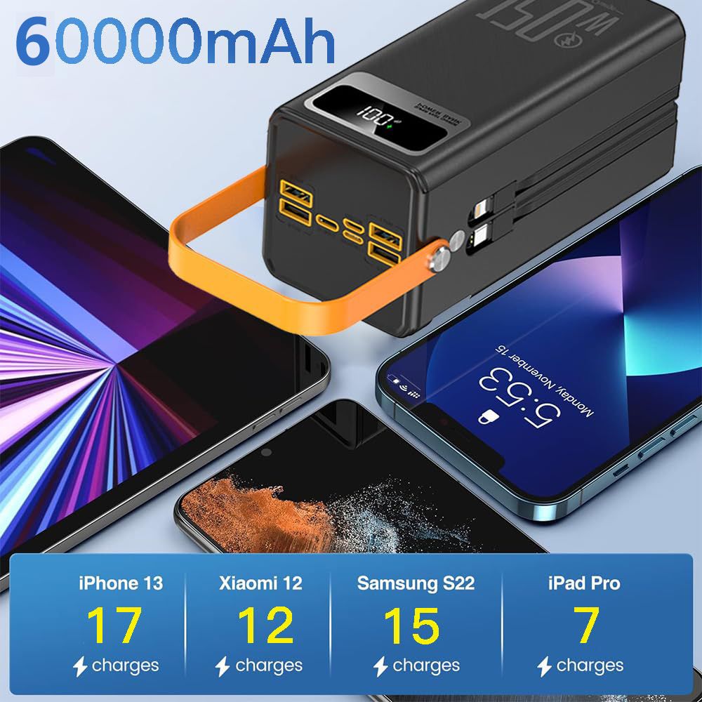60000mAh portable power bank with large capacity, maximum 22.5W PD 3.0 fast charging, 7-port large portable power bank, LED display screen, USB-C built-in data cable suitable for iPhone, Android