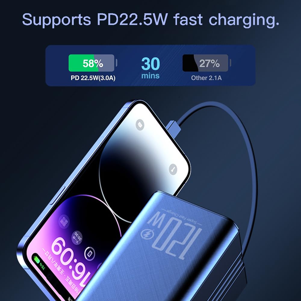 60000mAh portable power bank with large capacity, maximum 22.5W PD 3.0 fast charging, 7-port large portable power bank, LED display screen, USB-C built-in data cable suitable for iPhone, Android