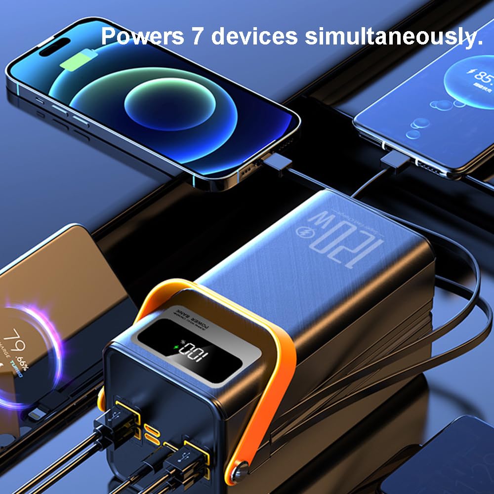 60000mAh portable power bank with large capacity, maximum 22.5W PD 3.0 fast charging, 7-port large portable power bank, LED display screen, USB-C built-in data cable suitable for iPhone, Android