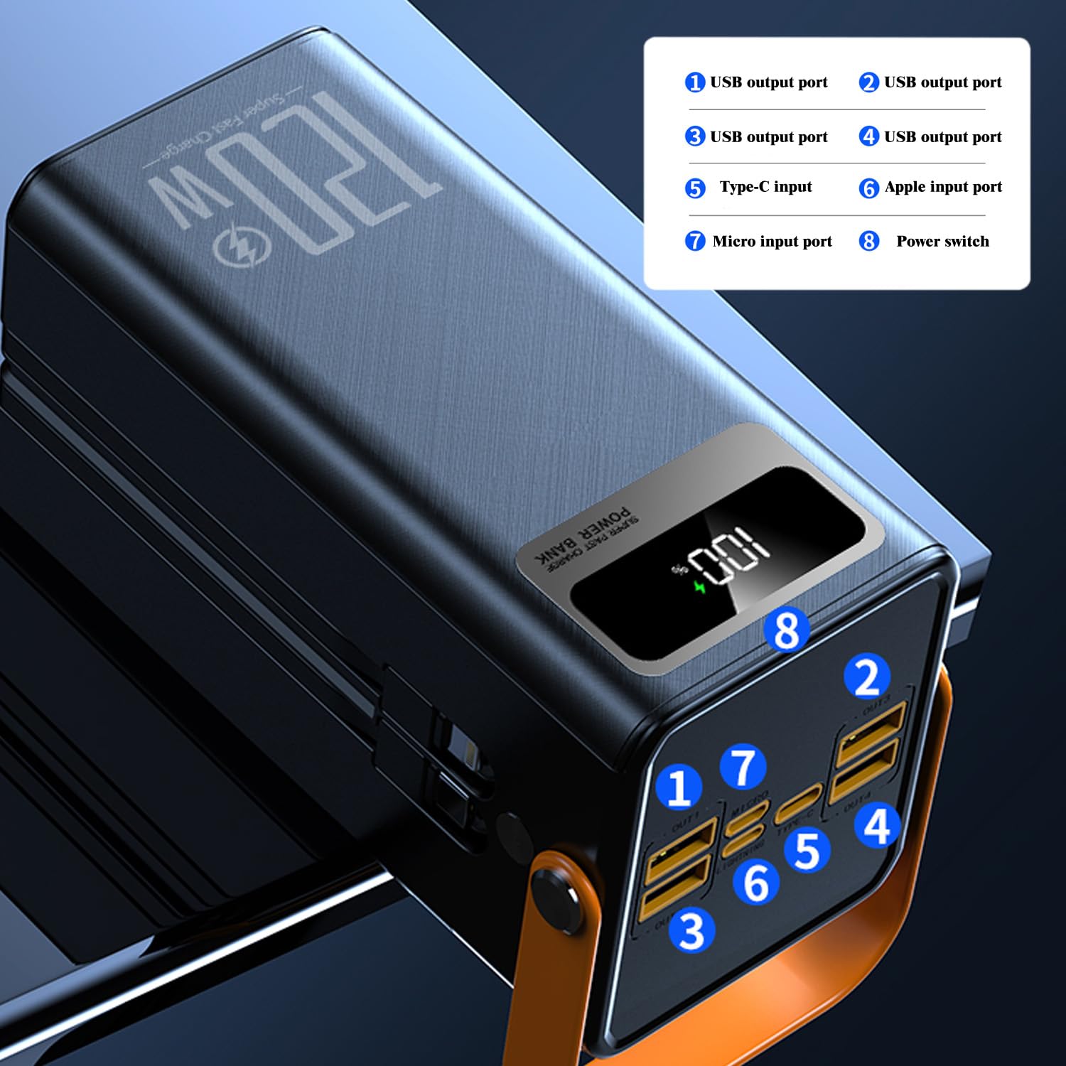 60000mAh portable power bank with large capacity, maximum 22.5W PD 3.0 fast charging, 7-port large portable power bank, LED display screen, USB-C built-in data cable suitable for iPhone, Android