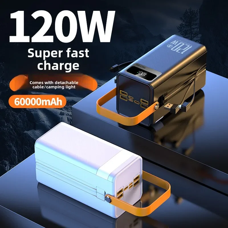 60000mAh portable power bank with large capacity, maximum 22.5W PD 3.0 fast charging, 7-port large portable power bank, LED display screen, USB-C built-in data cable suitable for iPhone, Android