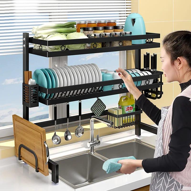Over The Sink Dish Drying Rack,3 tier Full 304 Stainless Steel dish Drainer rack, Adjustable Length (45CM _ 85CM) Kitchen Storage Counter With Cup Hanging Set and Hooks (Black-3Tier)