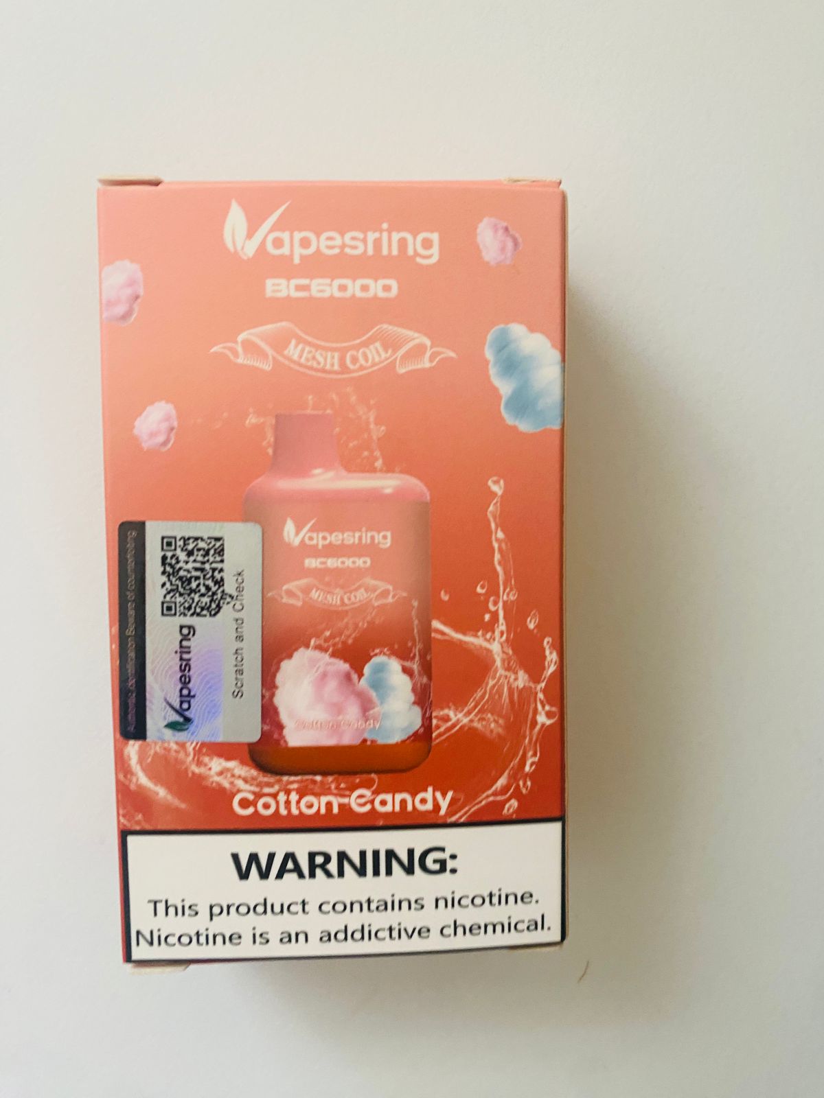 COTTON CANDY RECHARGEABLE VAPE ,6000 PUFFS -TYPE C -VAPESRING BRAND , 14ML E LIQUID