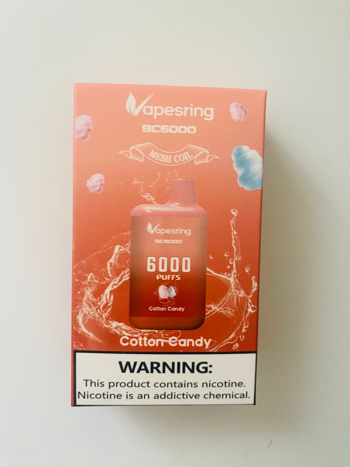 COTTON CANDY RECHARGEABLE VAPE ,6000 PUFFS -TYPE C -VAPESRING BRAND , 14ML E LIQUID