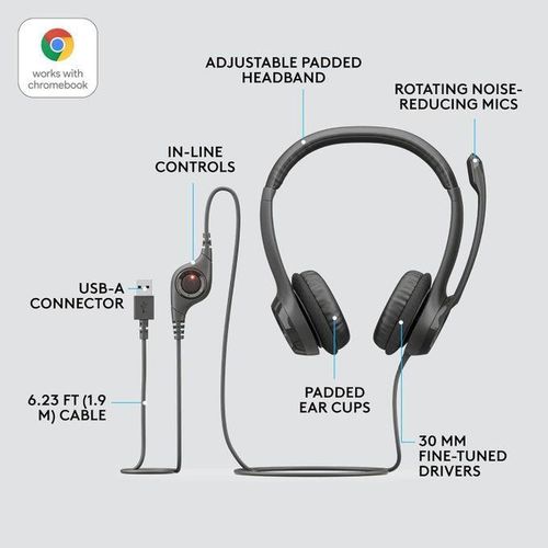 Logitech H390 Video Meetings, Music, Gaming and Beyond Wired Headset for PC/Laptop, Stereo Headphones with Noise Cancelling Microphone, USB-A, in-Line Controls for - Black