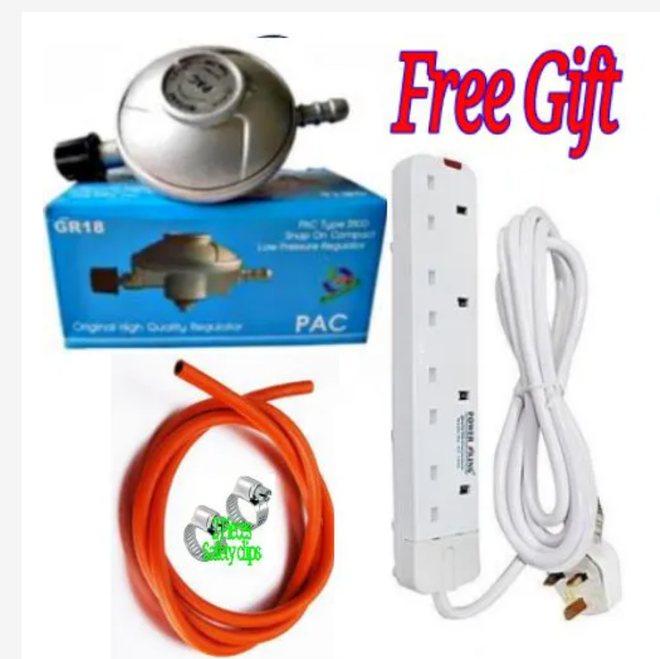Pac Original Universal 6kg Gas //6 Kg Cylinder Regulator For 2 Meko Table Top Cooker & Clips & 2M Delivery Pipe+ Free 4 Way Power Extension Cable