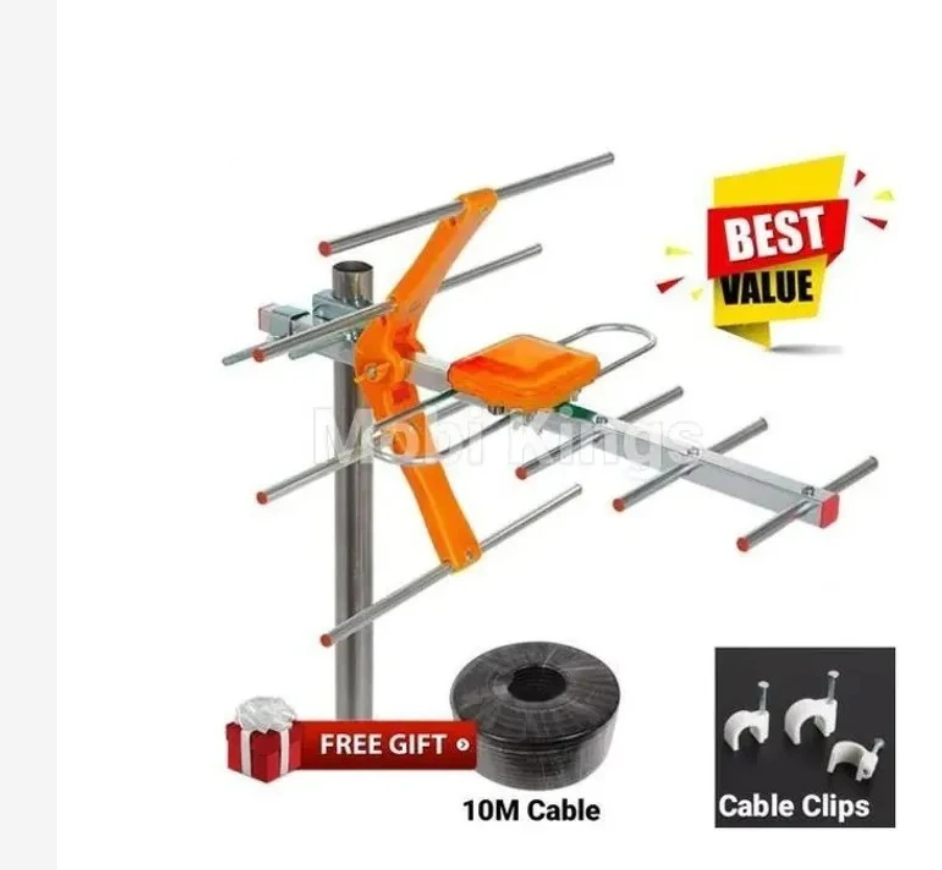 Digital TV Aerial + 10mtr Cable + Free Cable Clips Silver Silver