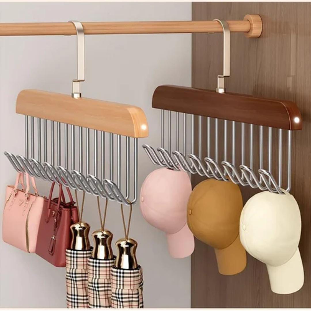 OFFER Wooden plank multipurpose 8 hook hanger. It can also be used as a vest hanger, belt organizer, or bra organizer.