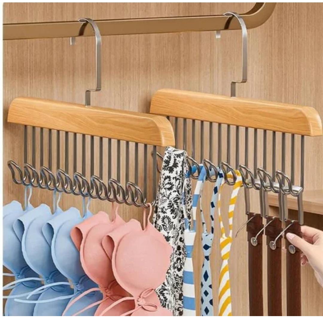 OFFER Wooden plank multipurpose 8 hook hanger. It can also be used as a vest hanger, belt organizer, or bra organizer.