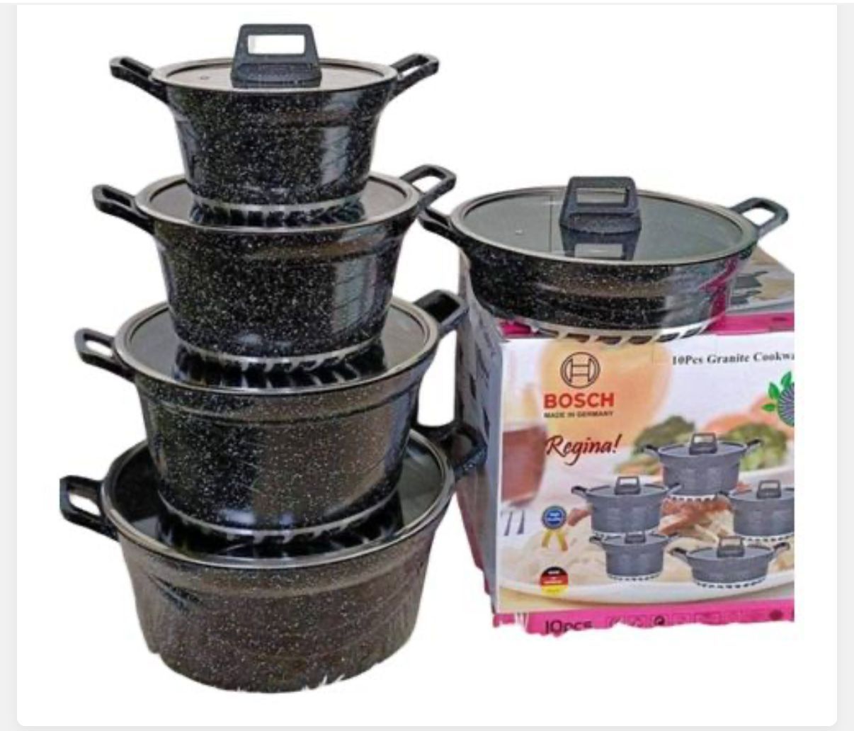 😋🍒Equip your kitchen with The Best🍒😋Bosch 10-Pc Granite Cookware Set non stick cooking ware.Scratch-resistant and easy to clean
Fast heat conduction and energy efficient
Elegant black granite-text