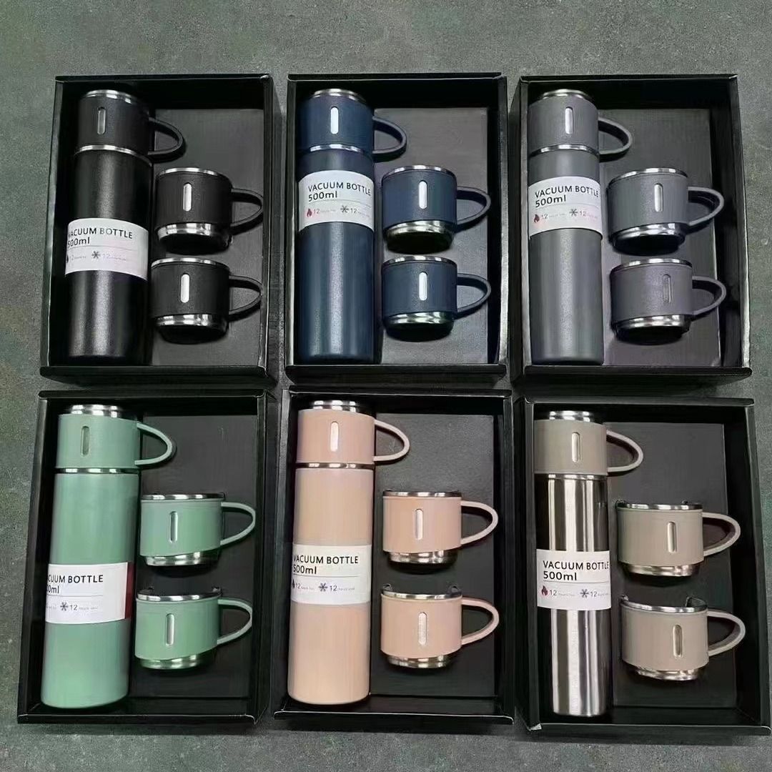 VACUUM FLASK 500ml Gift Box Set Portable Business Cup Stainless Steel Thermos Cup One Cup Flasks Water Bottle With 3 Lids