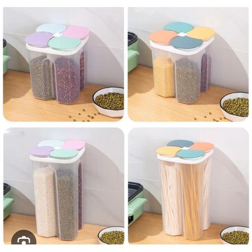 4 Partition Cereal Container 2 Liters Airtight Food Storage Dispenser Dry Food Organizer Kitchen Pantry Box for Cereals Rice Beans Pasta Snacks Moisture Proof BPA Free Durable Clear Body