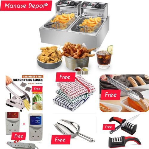AMAZING COMBO🦋Nunix macro Commercial Double Deep Fryer Combo – Chips Cutter, Scooper, Tongs, 2 Towels, TV Guard, Fridge Guard, 4-Way Socket Extension & Knife Sharpener PLUS FREE KNIFE😶‍🌫️premium st