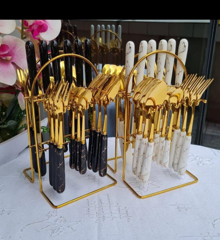 READLY AVAILLABLE🥰24Pcs Stainless Steel Marble White Gold Cutlery Set(Knife/Fork/Spoon) With A Stand🎇includes; 6x Dinner Knives, 6x Dinner Forks, 6x Dinner Spoons, 6x Tea Spoons and 1x Cutlery Stand