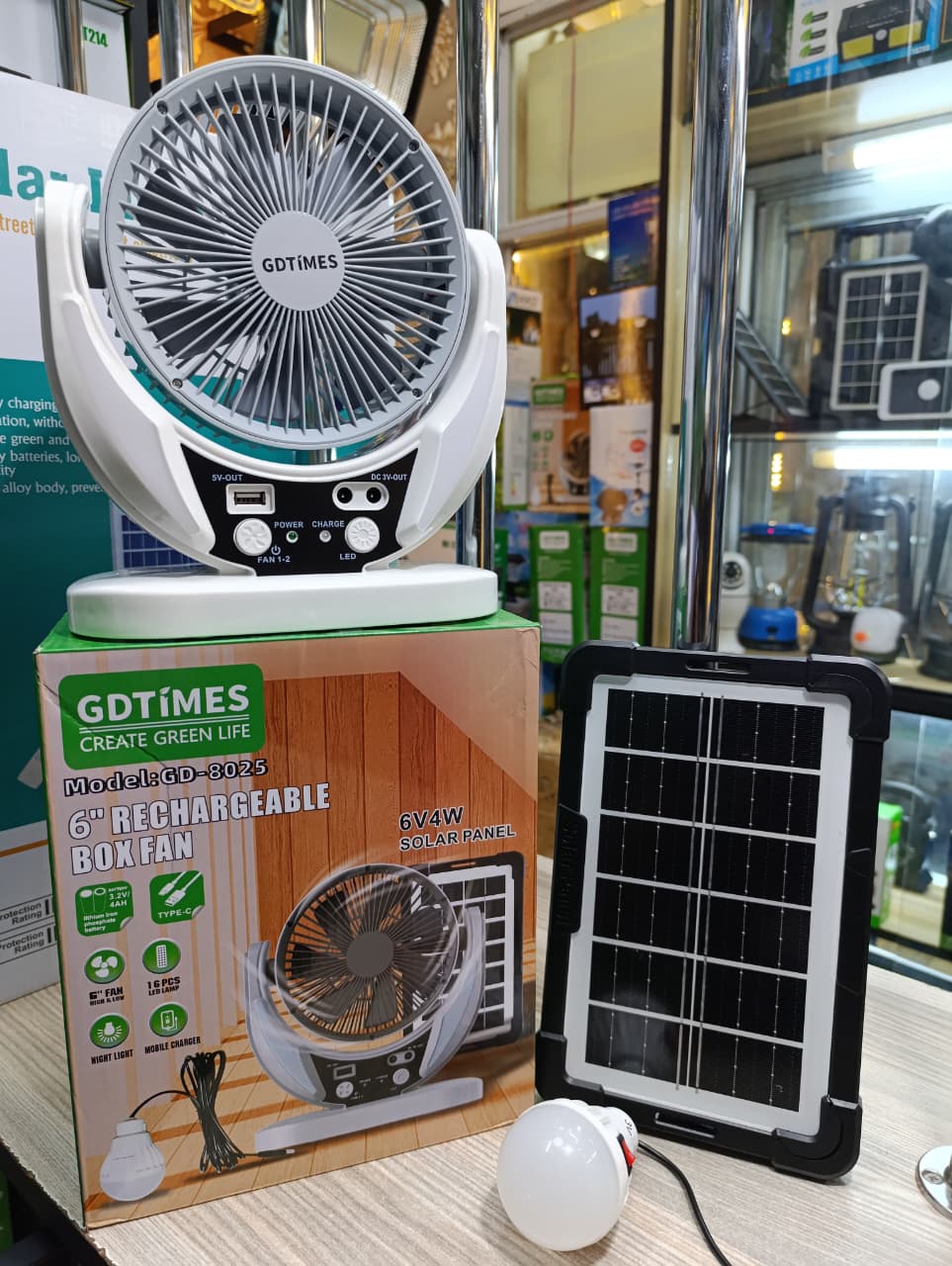 GDTimes Solar Rechargeable Fan with One Led Bulb, Mobile Charging, Night Light and Solar Panel* 6 inch fan.
* 3 speed.
* Work Time-4-8 hours.
* Mobile Charger.
* 6v 4W Solar Panel